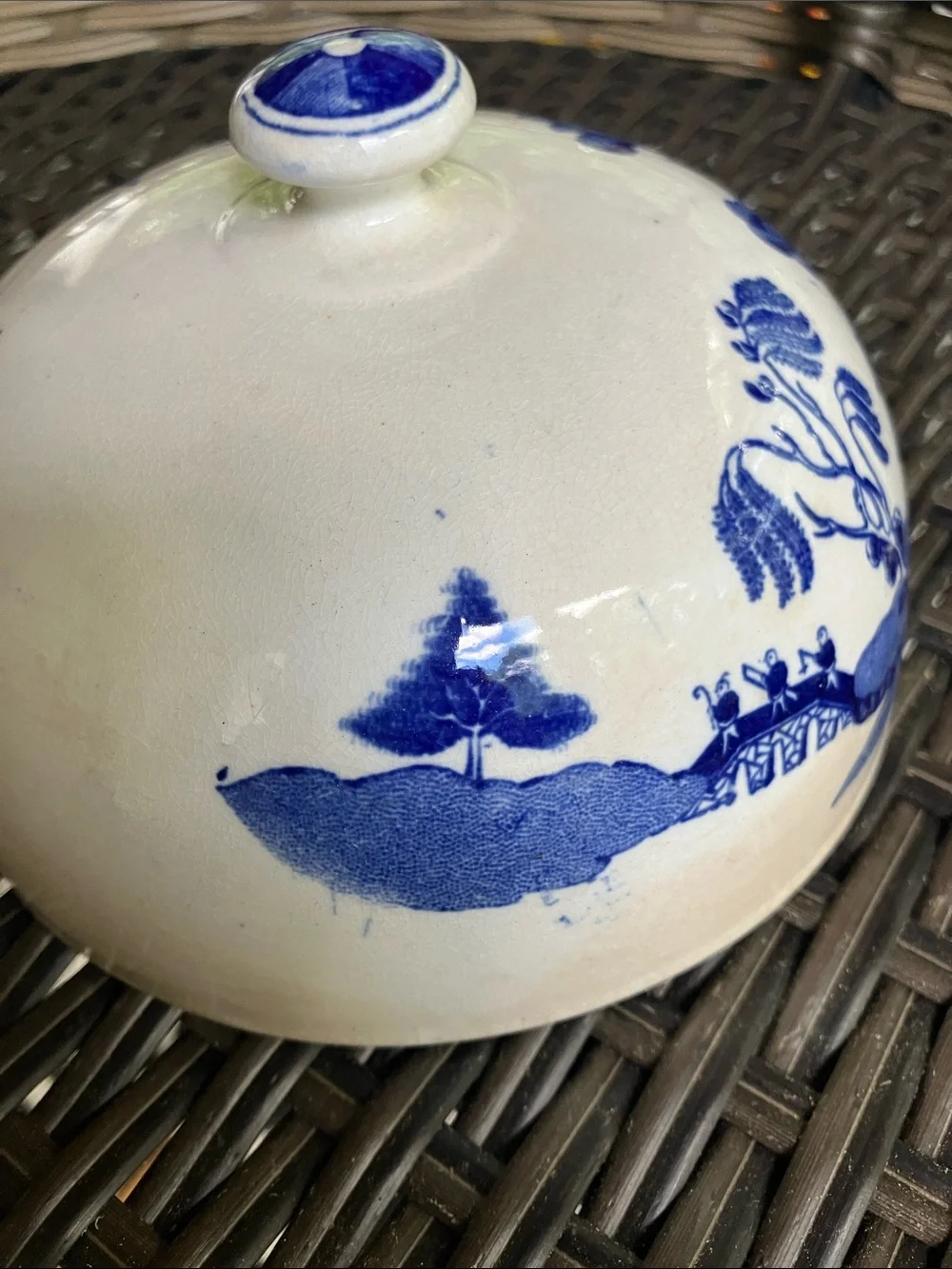 Antique Blue Willow Pagoda Butter Dish cover only stained no chips